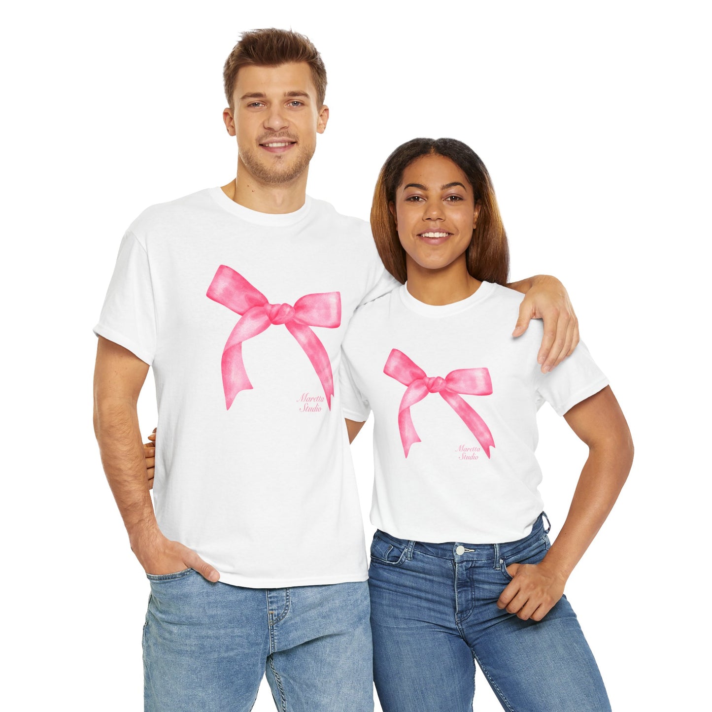 Pink Bow Unisex Heavy Cotton Tee | Cute Gift for Her, Casual Wear, Birthday, Celebration, Everyday Style