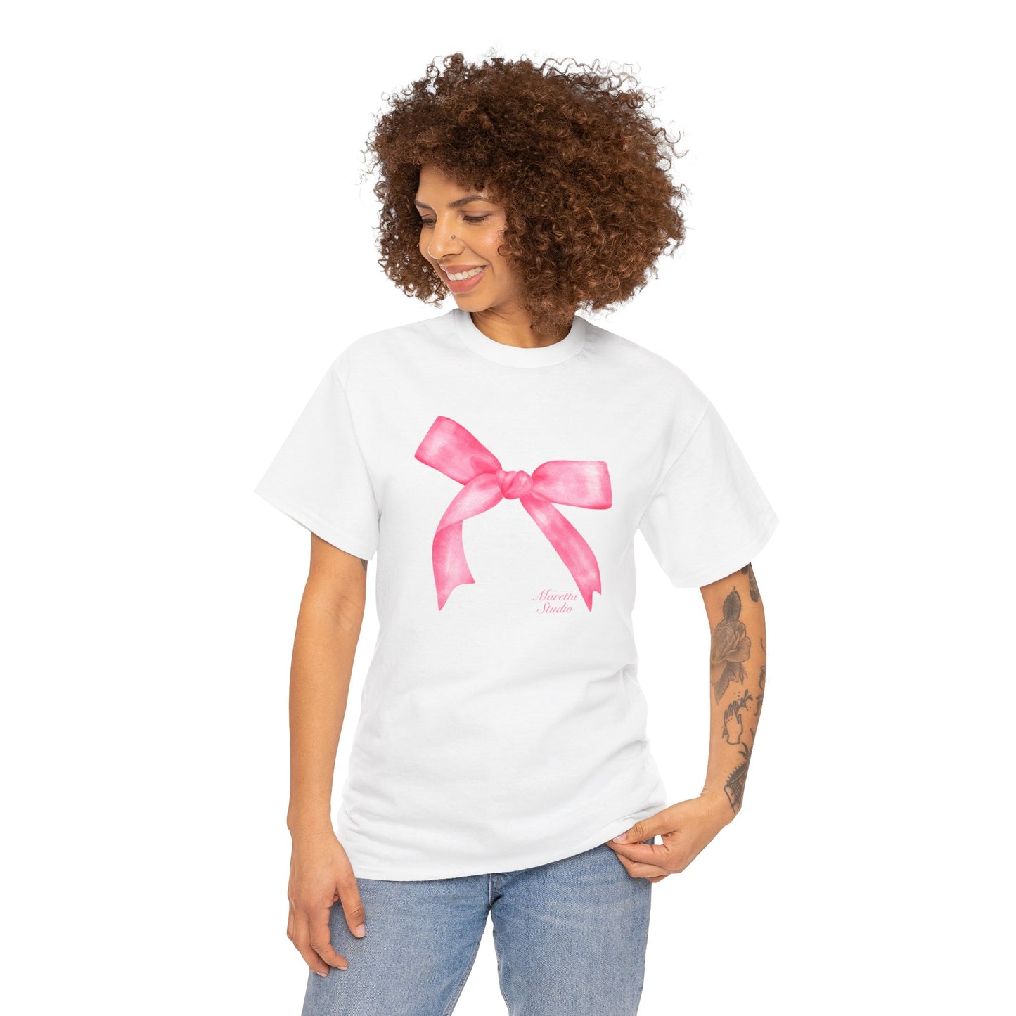 Pink Bow Unisex Heavy Cotton Tee | Cute Gift for Her, Casual Wear, Birthday, Celebration, Everyday Style