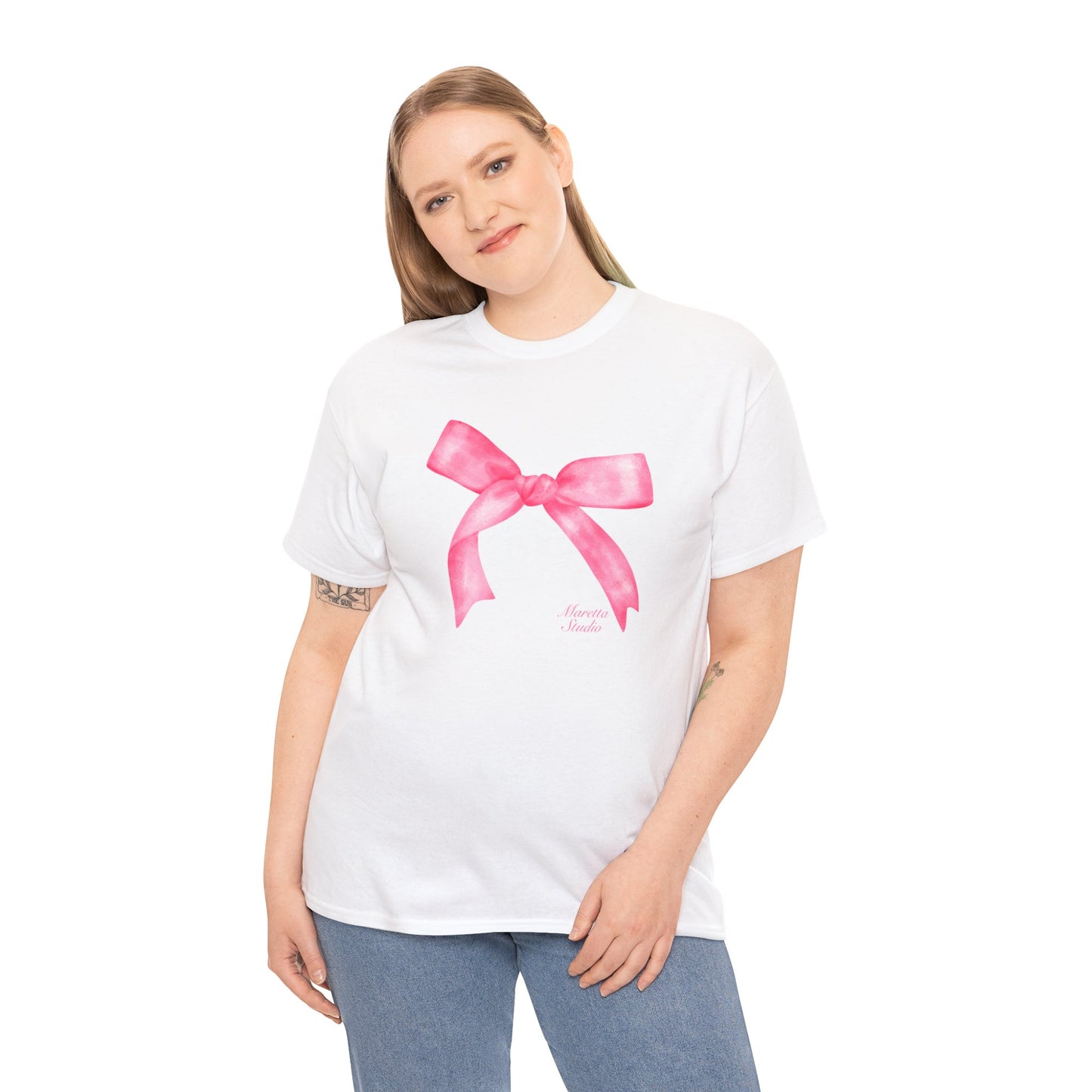 Pink Bow Unisex Heavy Cotton Tee | Cute Gift for Her, Casual Wear, Birthday, Celebration, Everyday Style